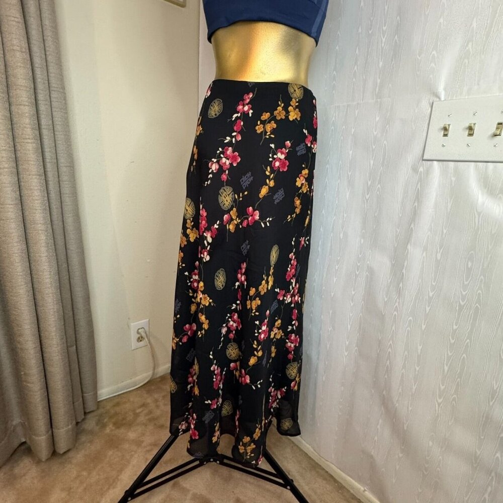 Floral Women's Maxi Lined Skirt Small Oriental Elastic Waist Lined Black Red Ylw - Picture 3 of 7